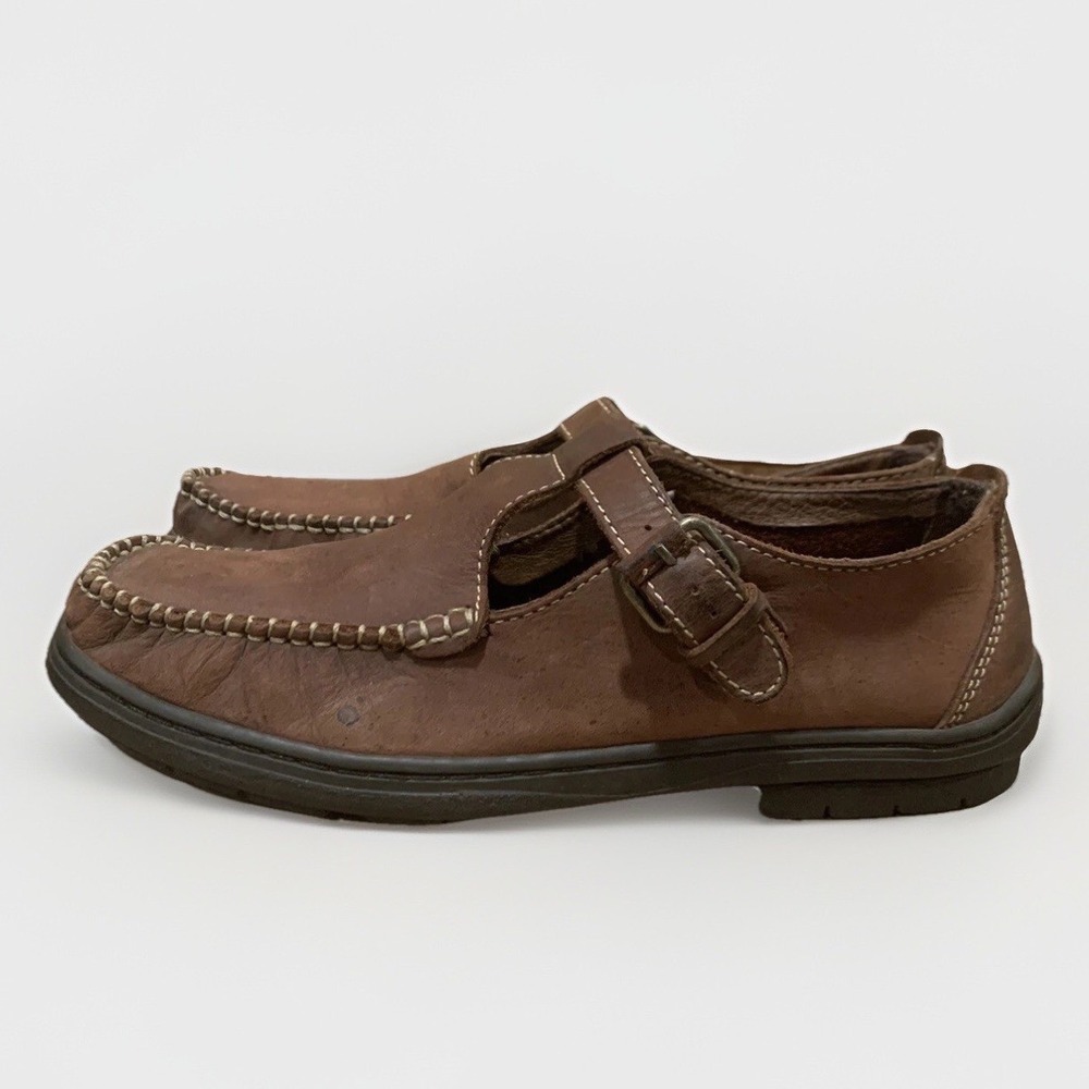 Hush Puppies T-Strap Loafers Womens 11 M Brown Leather Whipstitch‎ Comfort Shoes